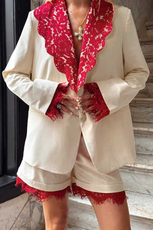 Lace Detail Shorts Set in Off-White