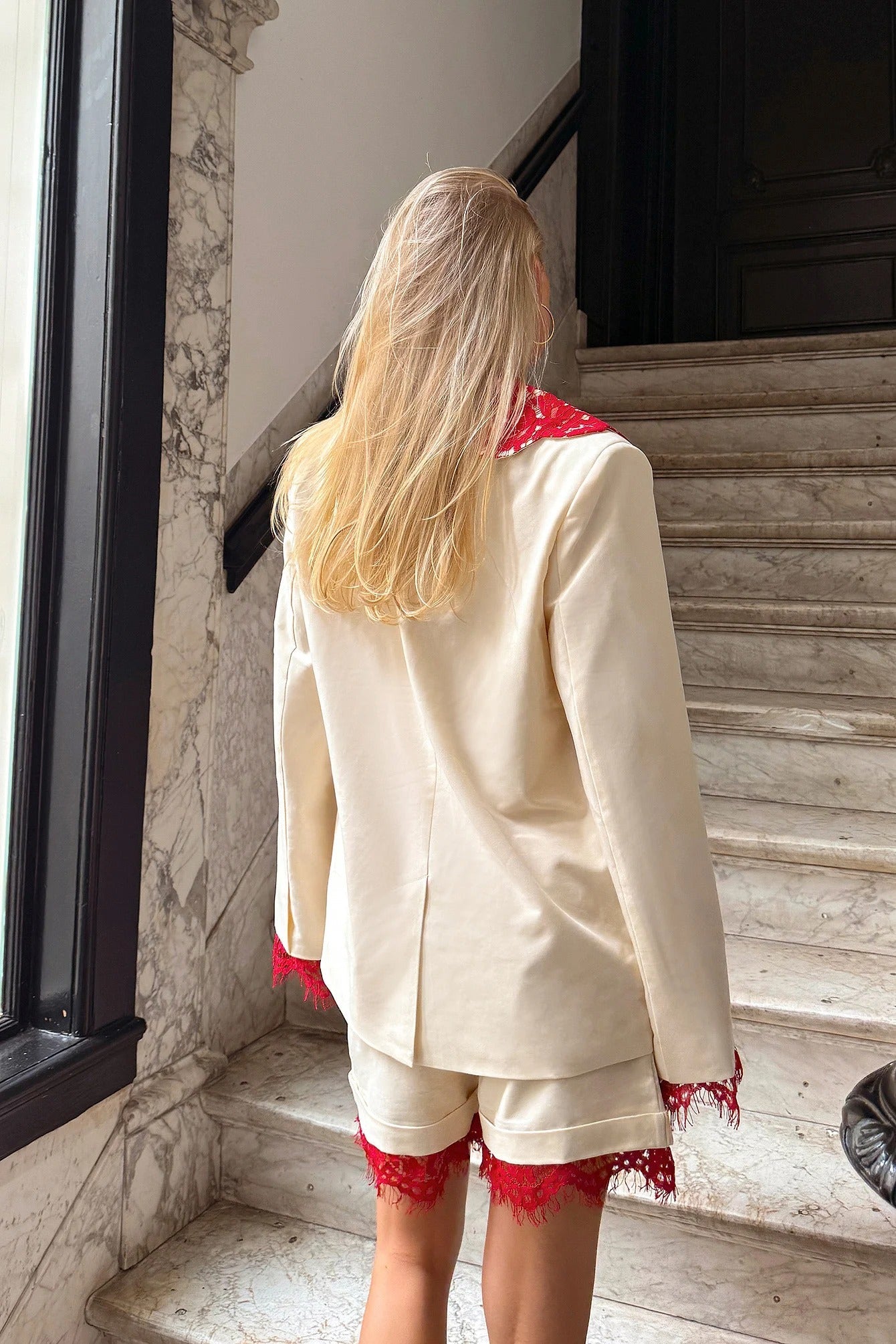 Lace Detail Shorts Set in Off-White