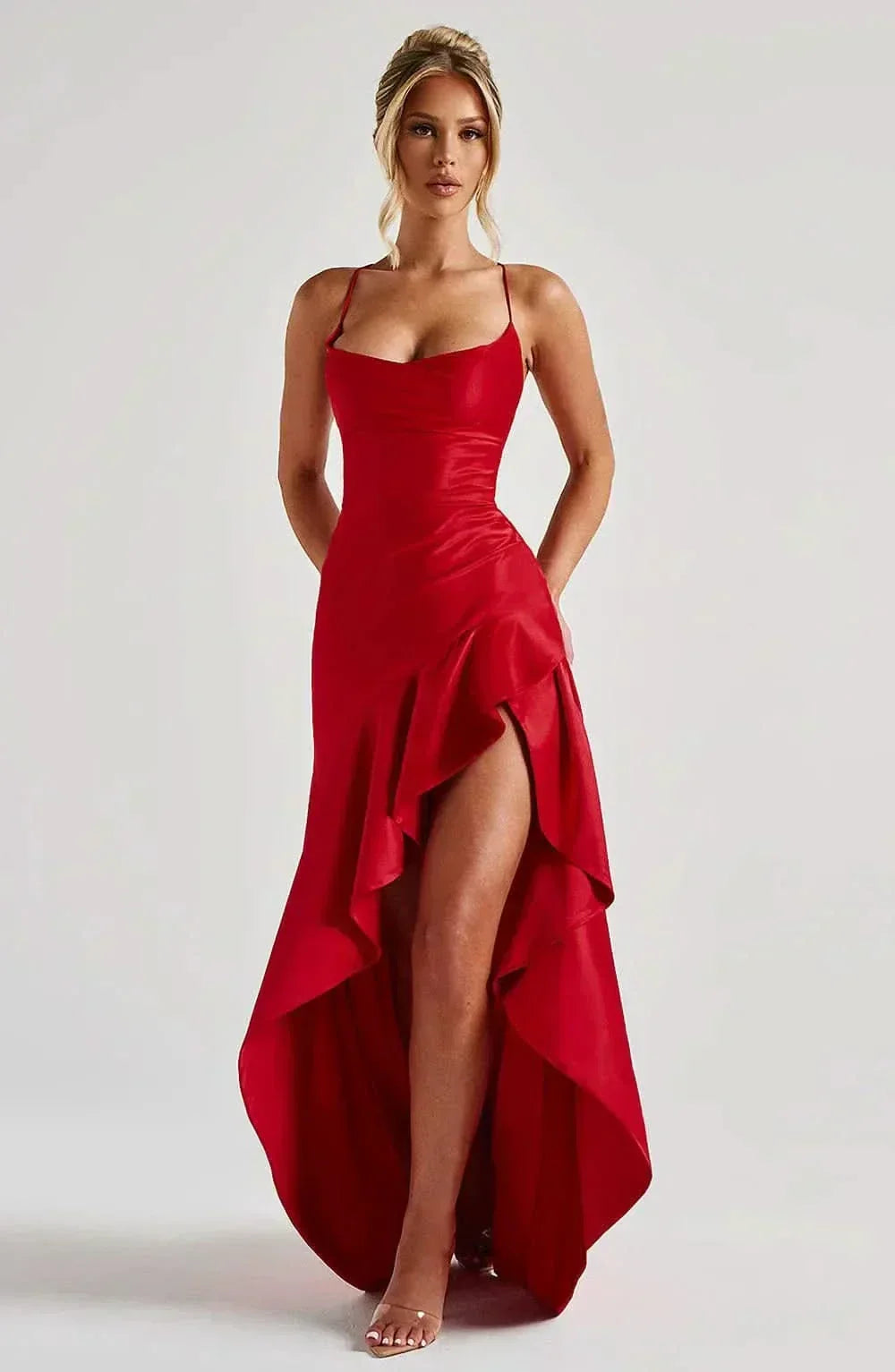 Spaghetti Strap High Low Ruffle Hem Side Slit Bodycon Maxi Dress