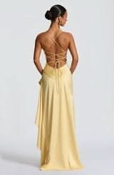 Spaghetti Strap High Low Ruffle Hem Side Slit Bodycon Maxi Dress