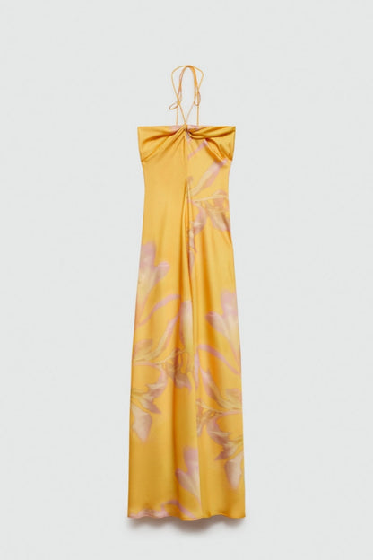 Yellow Printed Satin Maxi Dress