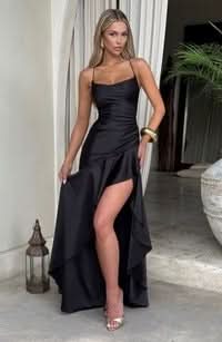 Spaghetti Strap High Low Ruffle Hem Side Slit Bodycon Maxi Dress