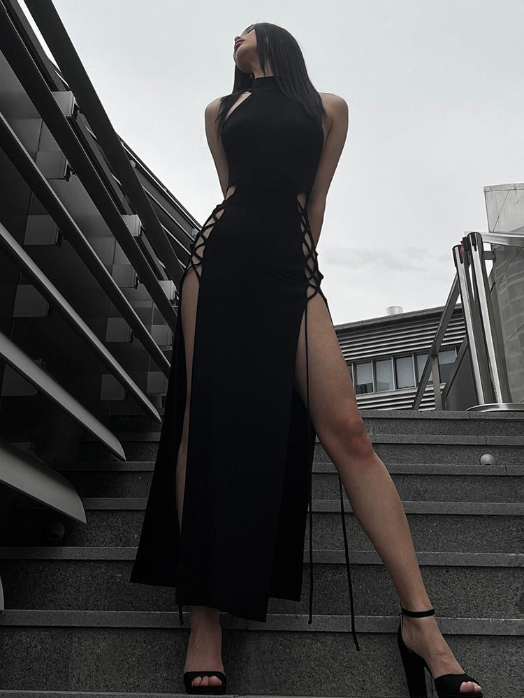 Halter High Neck Lace Up Side Cutout Double Slit Maxi Dress