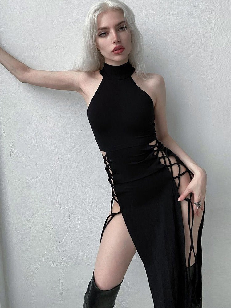 Halter High Neck Lace Up Side Cutout Double Slit Maxi Dress