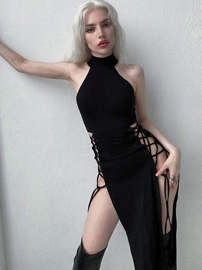 Halter High Neck Lace Up Side Cutout Double Slit Maxi Dress