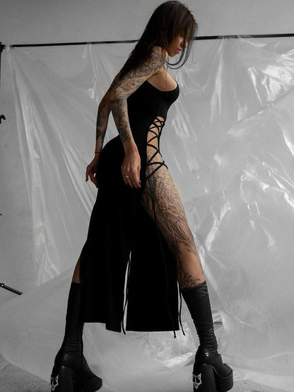 Halter High Neck Lace Up Side Cutout Double Slit Maxi Dress
