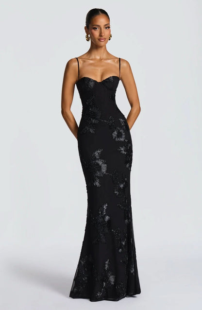 Sweetheart Corset Bodice Spaghetti Strap 3D Floral Embroidered Mesh Mermaid Maxi Gown