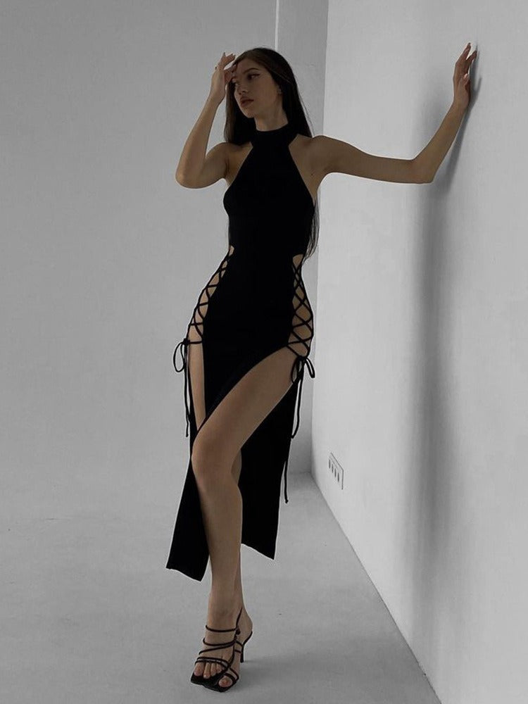 Halter High Neck Lace Up Side Cutout Double Slit Maxi Dress