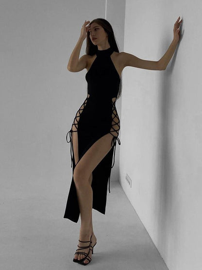 Halter High Neck Lace Up Side Cutout Double Slit Maxi Dress