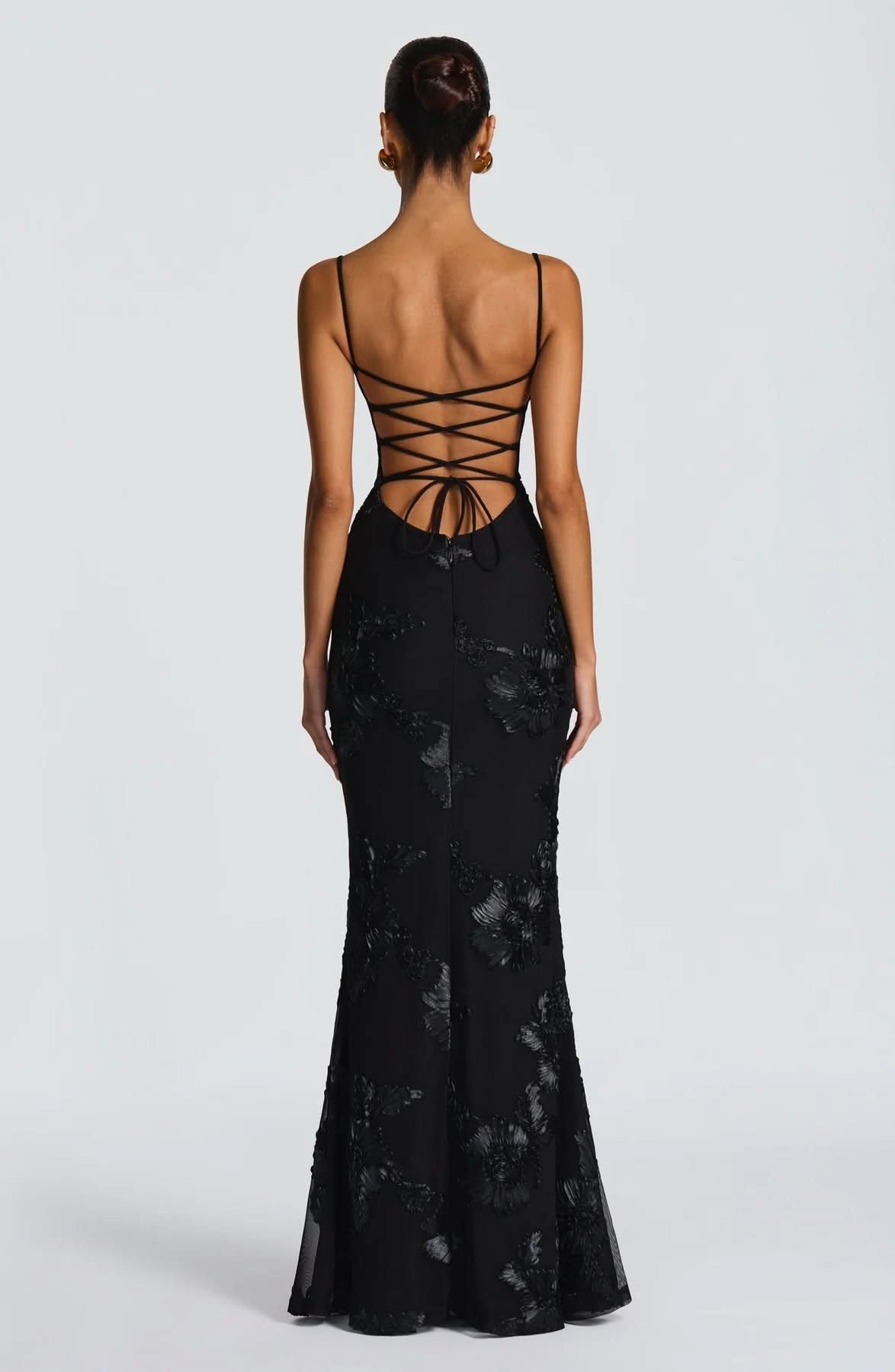 Sweetheart Corset Bodice Spaghetti Strap 3D Floral Embroidered Mesh Mermaid Maxi Gown