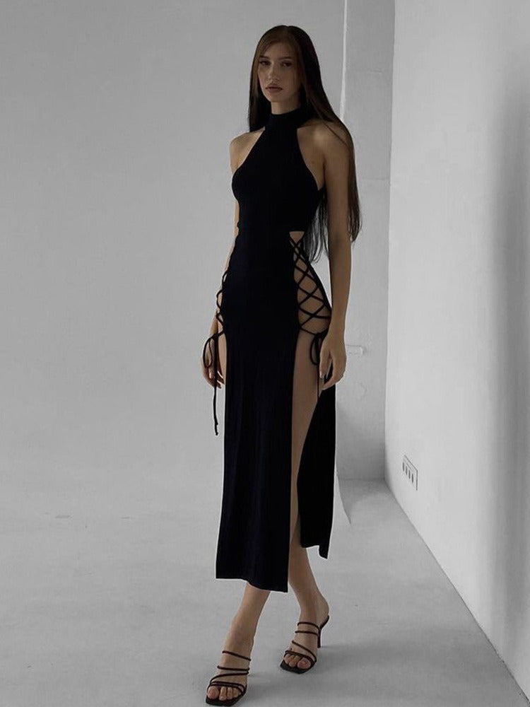 Halter High Neck Lace Up Side Cutout Double Slit Maxi Dress