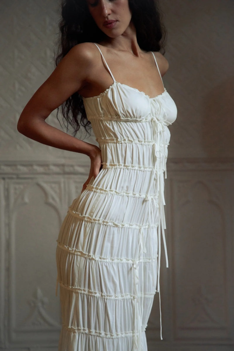 With Thin Straps Pleated Layered Maxi Boho Dress