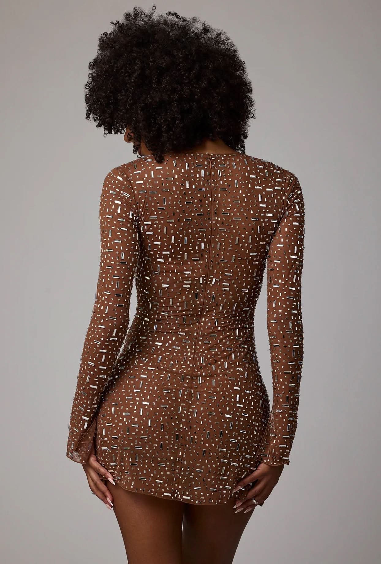 Square Neck Rhinestone Embellished Long Sleeve Bodycon Mini Dress