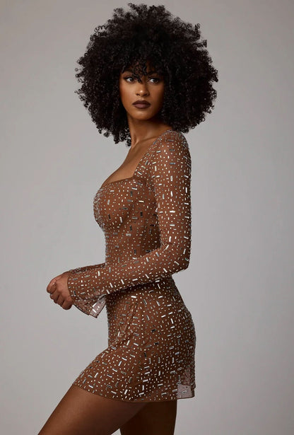 Square Neck Rhinestone Embellished Long Sleeve Bodycon Mini Dress