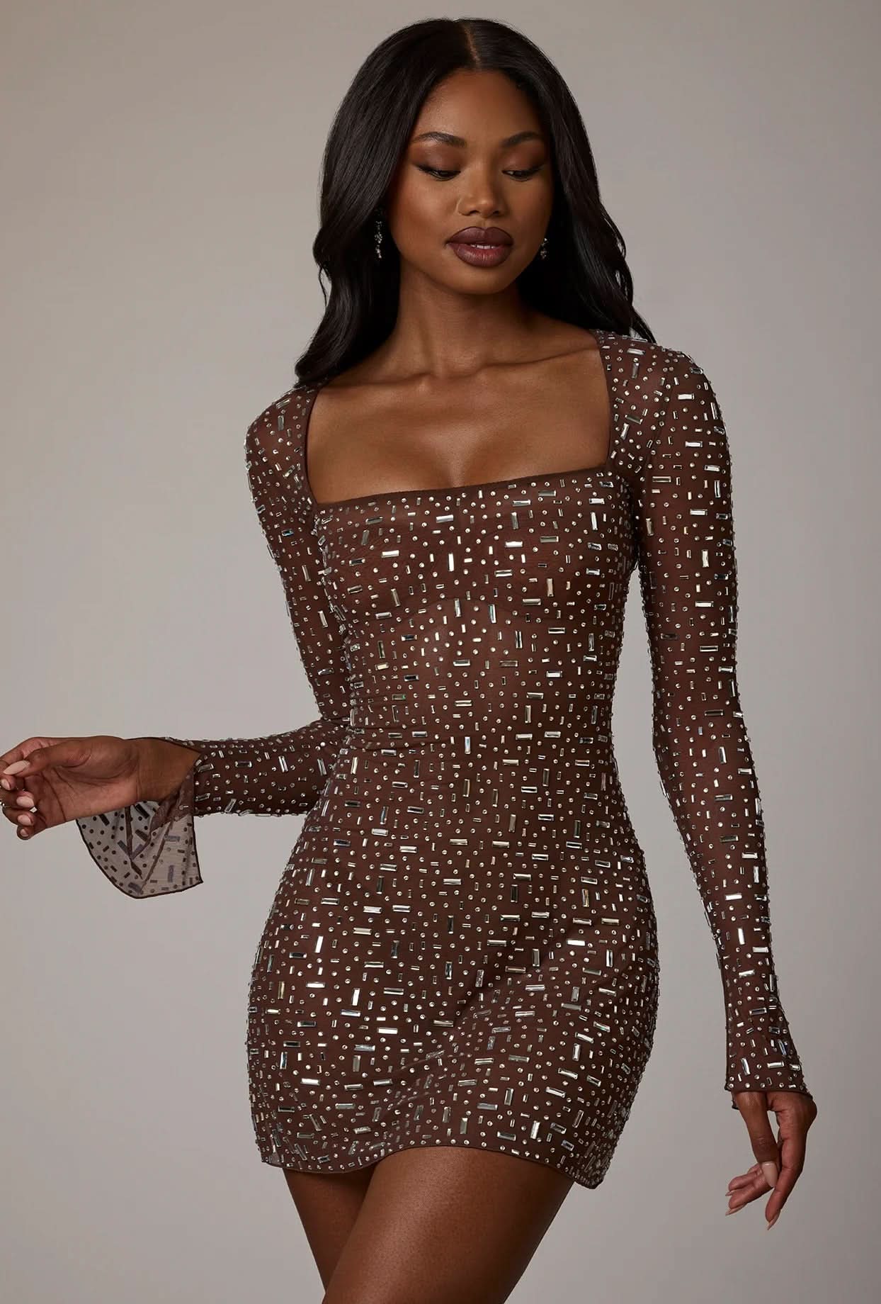 Square Neck Rhinestone Embellished Long Sleeve Bodycon Mini Dress