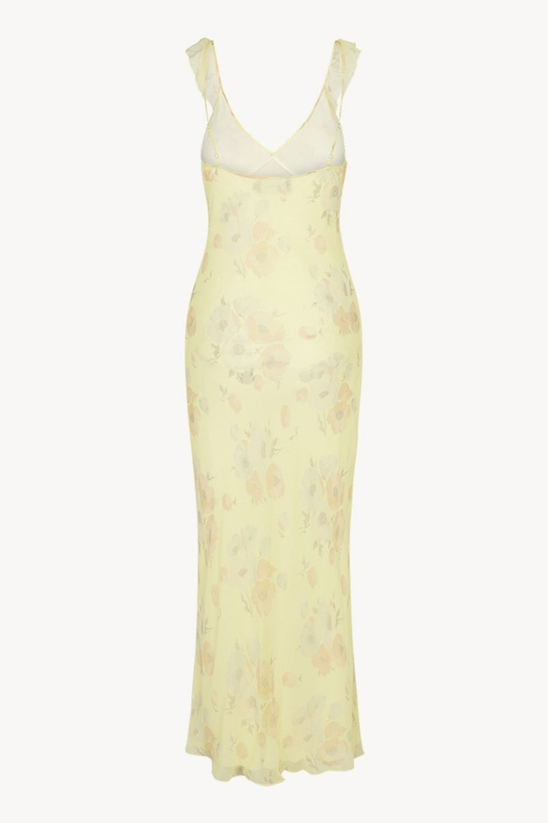 Bow Ruffle Plunge Neck Floral Slim Fit Maxi Dress