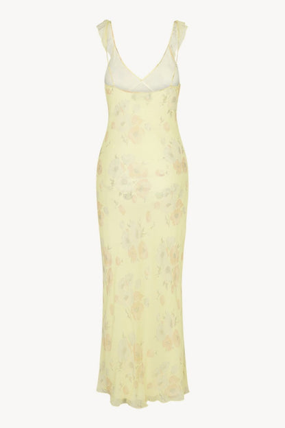 Bow Ruffle Plunge Neck Floral Slim Fit Maxi Dress