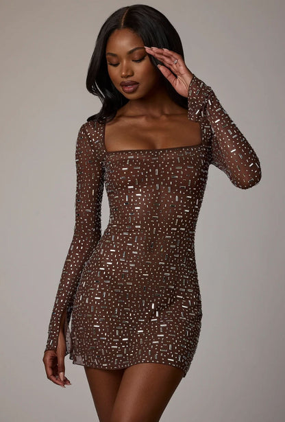 Square Neck Rhinestone Embellished Long Sleeve Bodycon Mini Dress