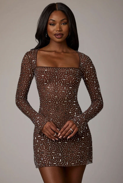 Square Neck Rhinestone Embellished Long Sleeve Bodycon Mini Dress