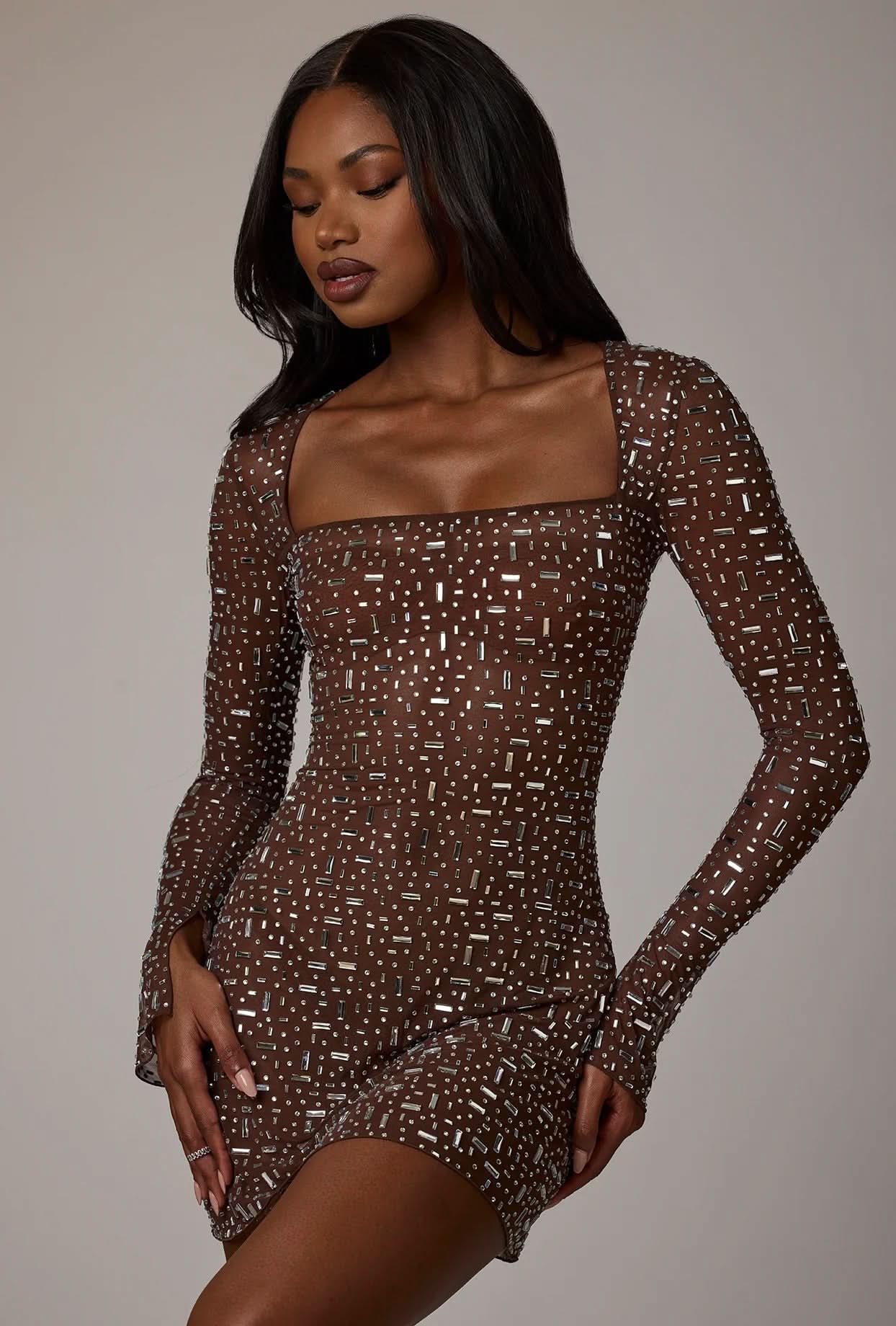 Square Neck Rhinestone Embellished Long Sleeve Bodycon Mini Dress
