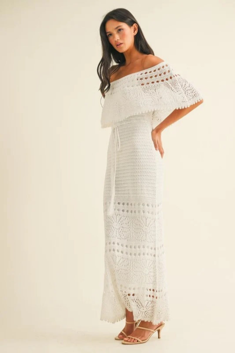 White off the shoulder crochet dress