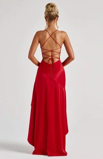 Spaghetti Strap High Low Ruffle Hem Side Slit Bodycon Maxi Dress
