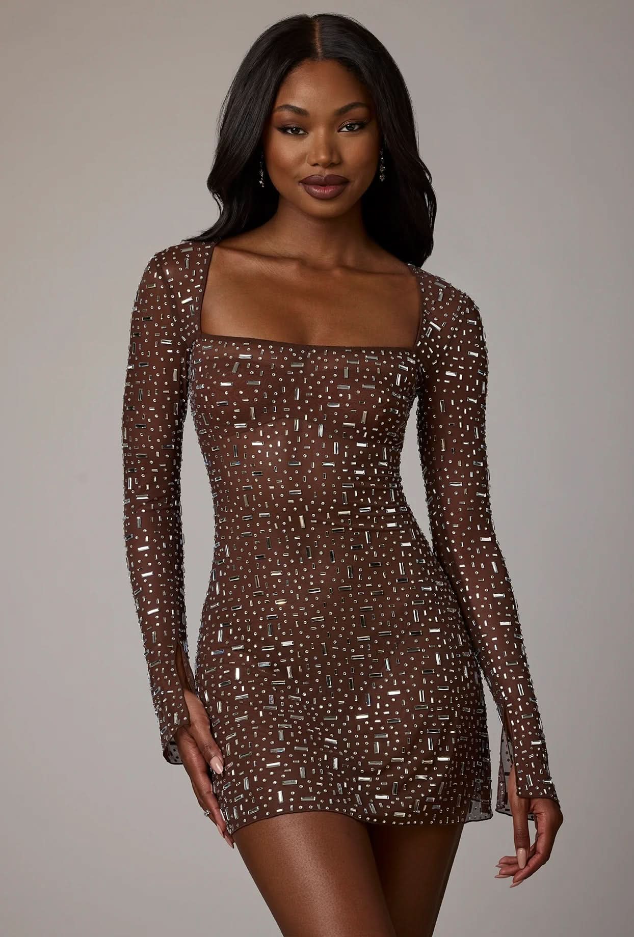 Square Neck Rhinestone Embellished Long Sleeve Bodycon Mini Dress