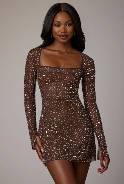 Square Neck Rhinestone Embellished Long Sleeve Bodycon Mini Dress
