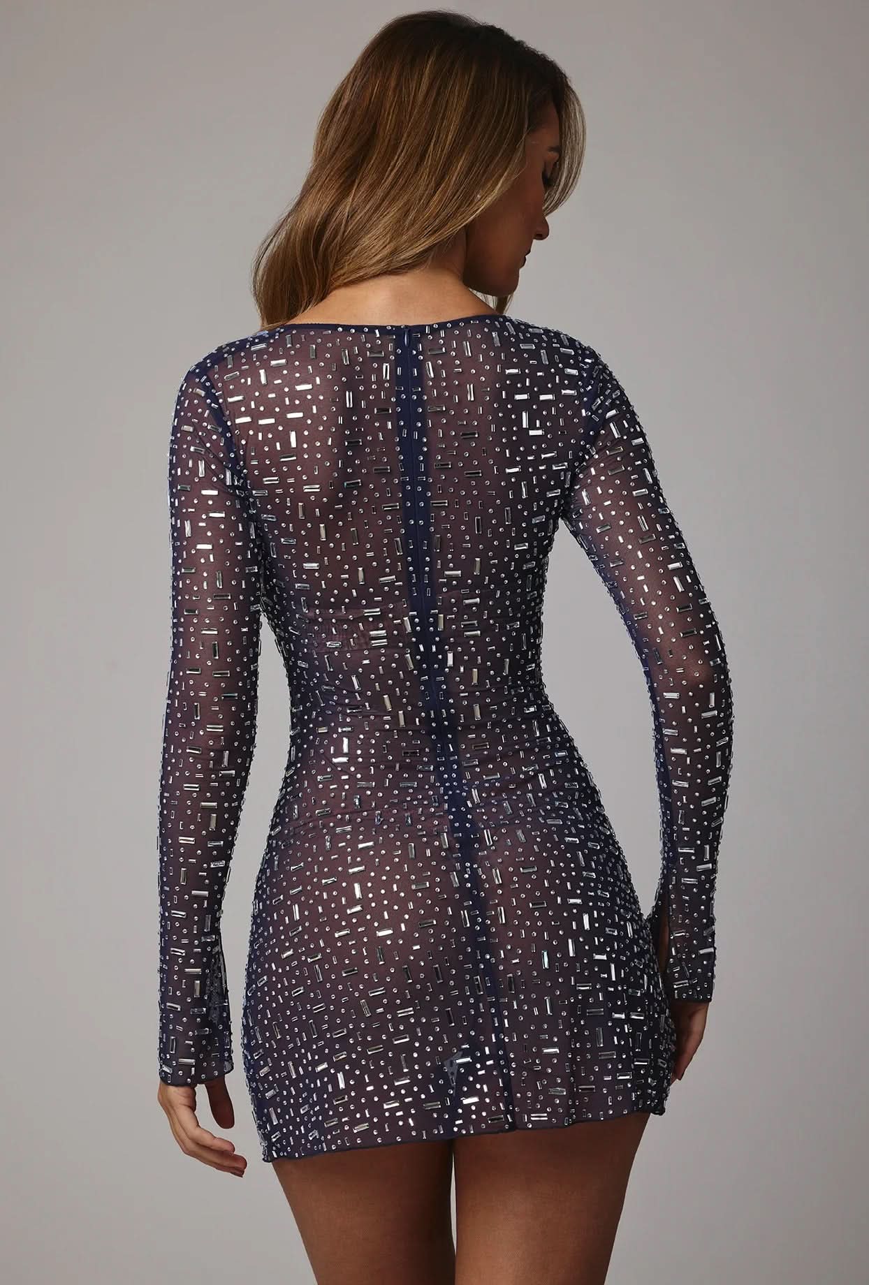 Square Neck Rhinestone Embellished Long Sleeve Bodycon Mini Dress