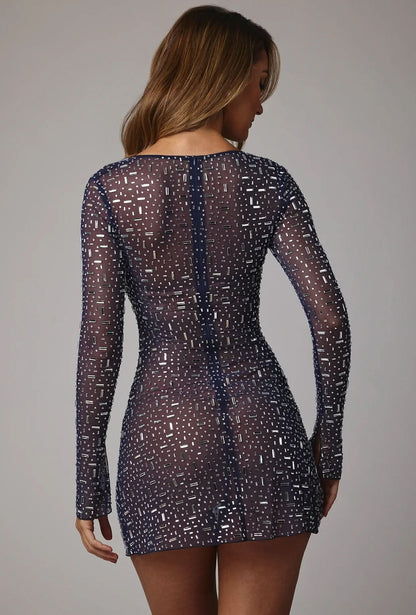 Square Neck Rhinestone Embellished Long Sleeve Bodycon Mini Dress