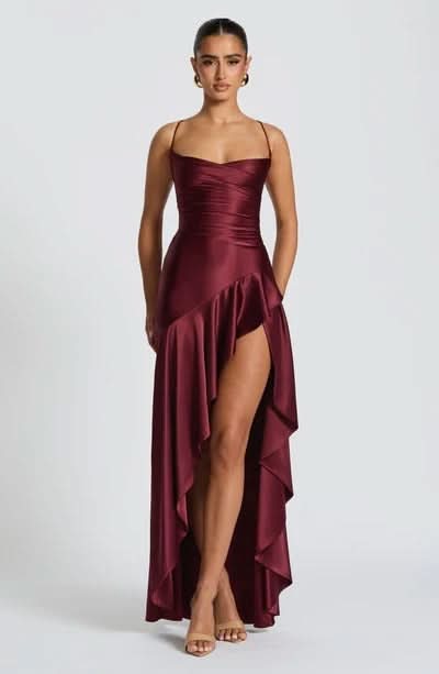 Spaghetti Strap High Low Ruffle Hem Side Slit Bodycon Maxi Dress