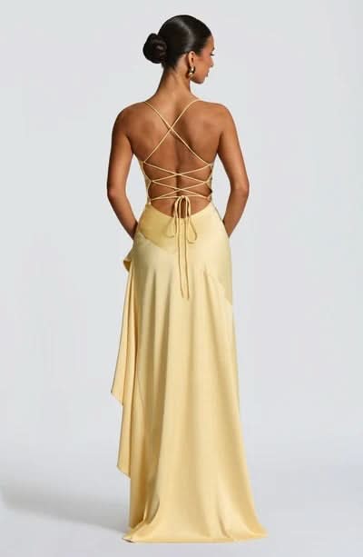 Spaghetti Strap High Low Ruffle Hem Side Slit Bodycon Maxi Dress