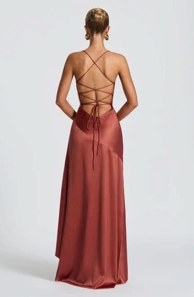 Spaghetti Strap High Low Ruffle Hem Side Slit Bodycon Maxi Dress