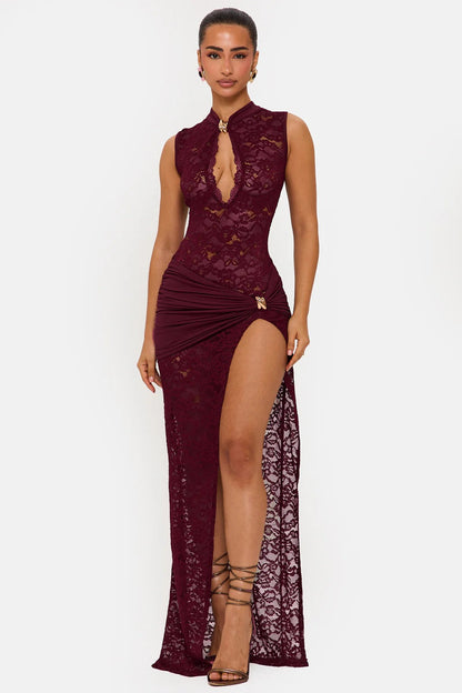 High Neck Lace Keyhole Cutout Draped Waist Thigh Slit Maxi Dress