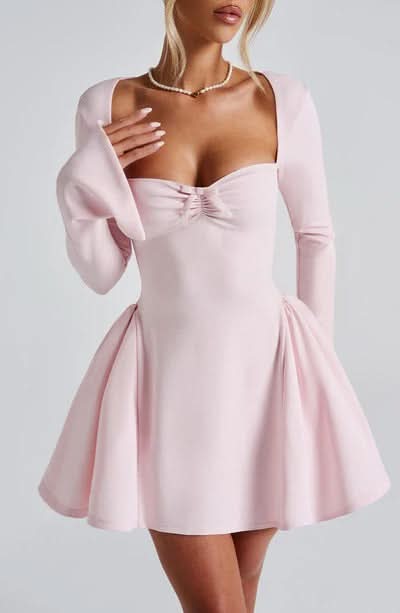 Sweetheart Neck Bow Detail Long Sleeve Fit And Flare Mini Dress
