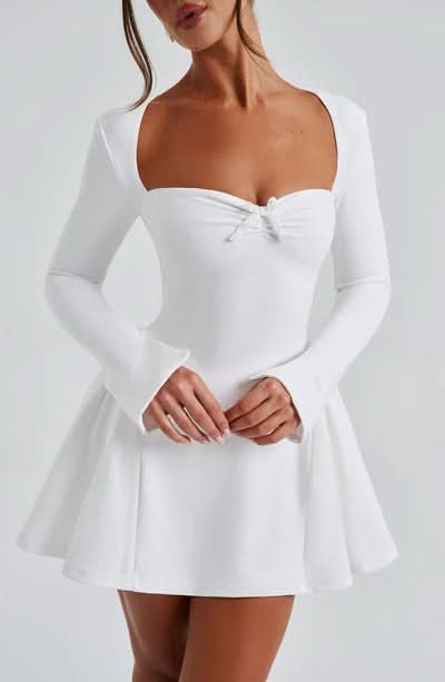 Sweetheart Neck Bow Detail Long Sleeve Fit And Flare Mini Dress
