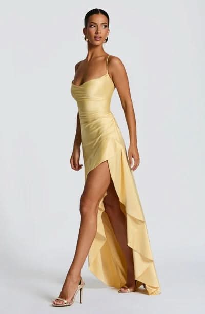 Spaghetti Strap High Low Ruffle Hem Side Slit Bodycon Maxi Dress
