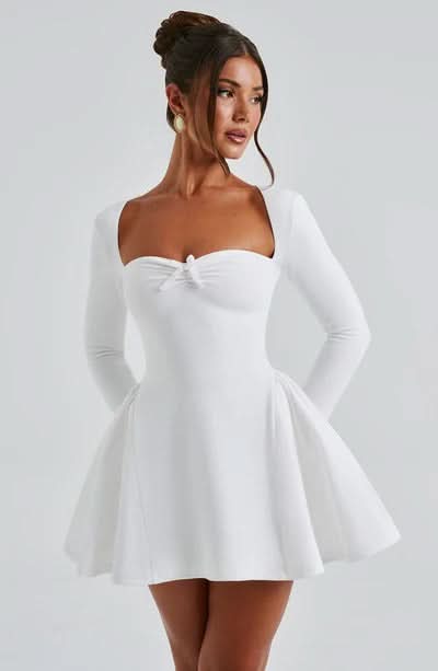 Sweetheart Neck Bow Detail Long Sleeve Fit And Flare Mini Dress
