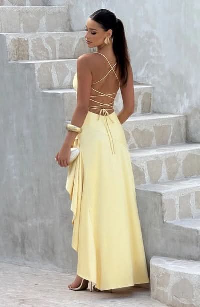 Spaghetti Strap High Low Ruffle Hem Side Slit Bodycon Maxi Dress