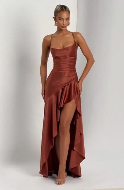 Spaghetti Strap High Low Ruffle Hem Side Slit Bodycon Maxi Dress