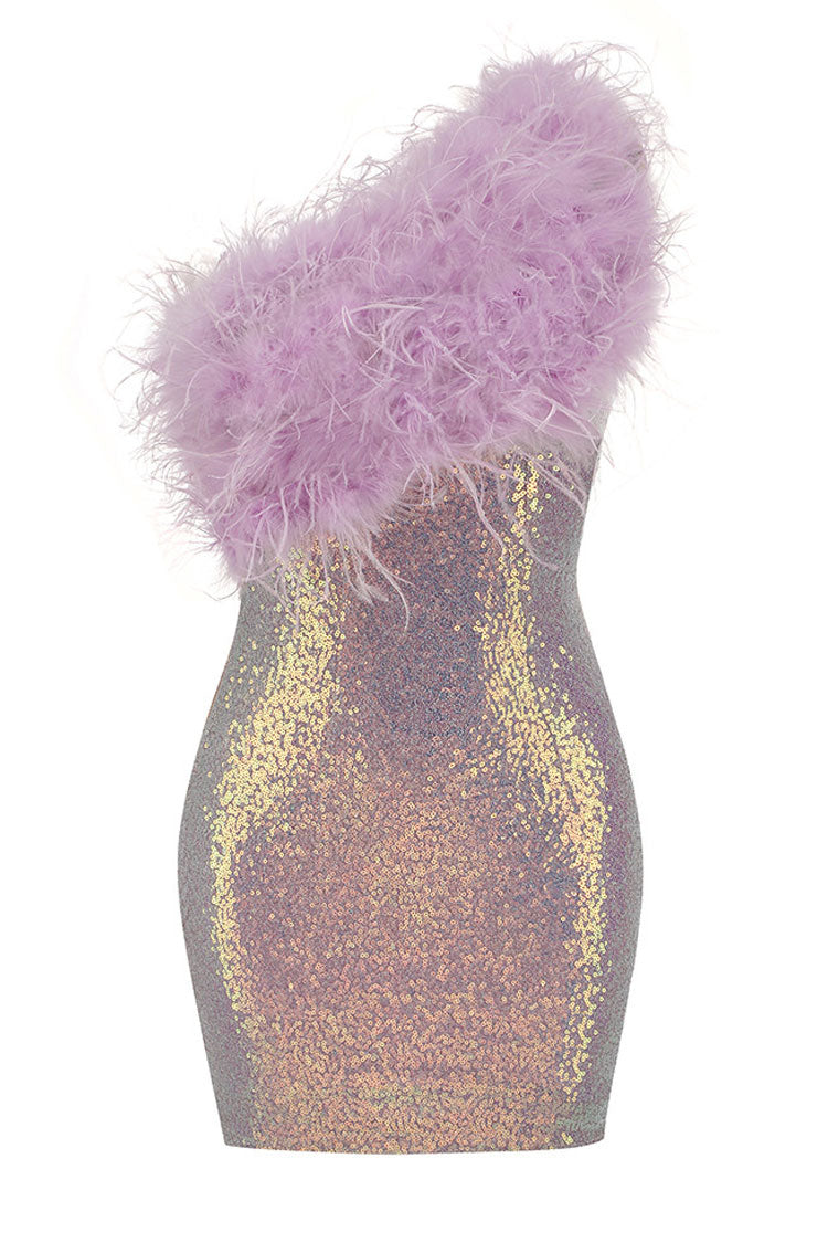One Shoulder Feather Trim Sequin Bodycon Mini Dress