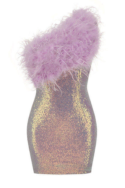 One Shoulder Feather Trim Sequin Bodycon Mini Dress