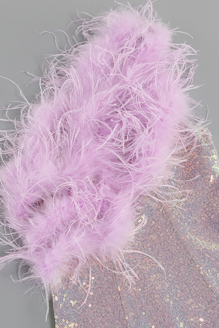 One Shoulder Feather Trim Sequin Bodycon Mini Dress
