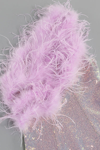 One Shoulder Feather Trim Sequin Bodycon Mini Dress