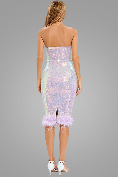 Strapless Sweetheart Sequin Bodice Feather Trim Hem Midi Dress