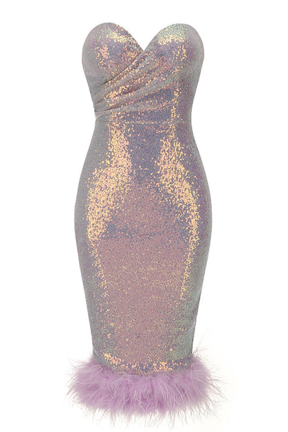 Strapless Sweetheart Sequin Bodice Feather Trim Hem Midi Dress