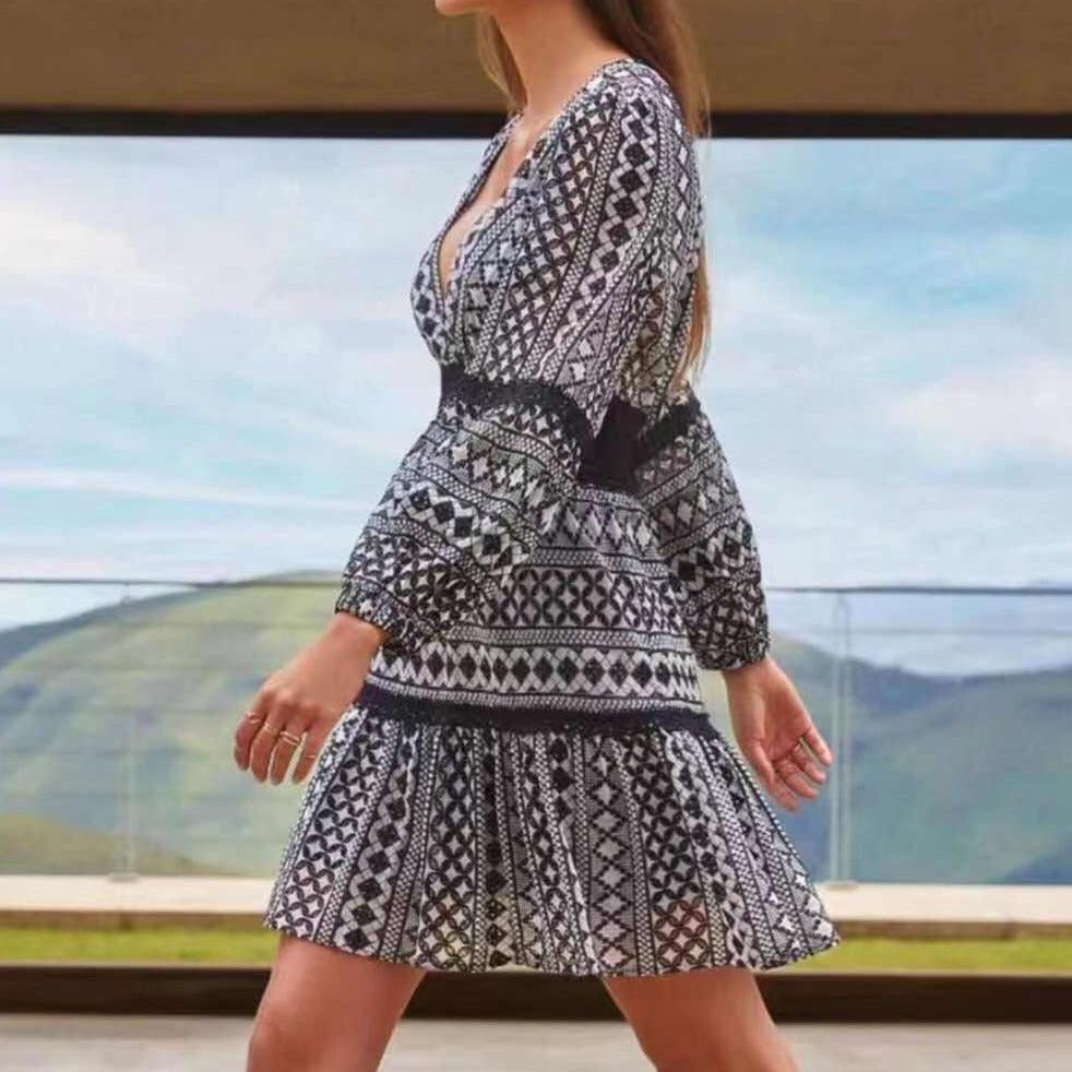Geometric Print Deep V-Neck Balloon Sleeve Lace Cuff Mesh Waist Tiered Mini Dress