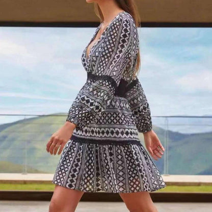 Geometric Print Deep V-Neck Balloon Sleeve Lace Cuff Mesh Waist Tiered Mini Dress