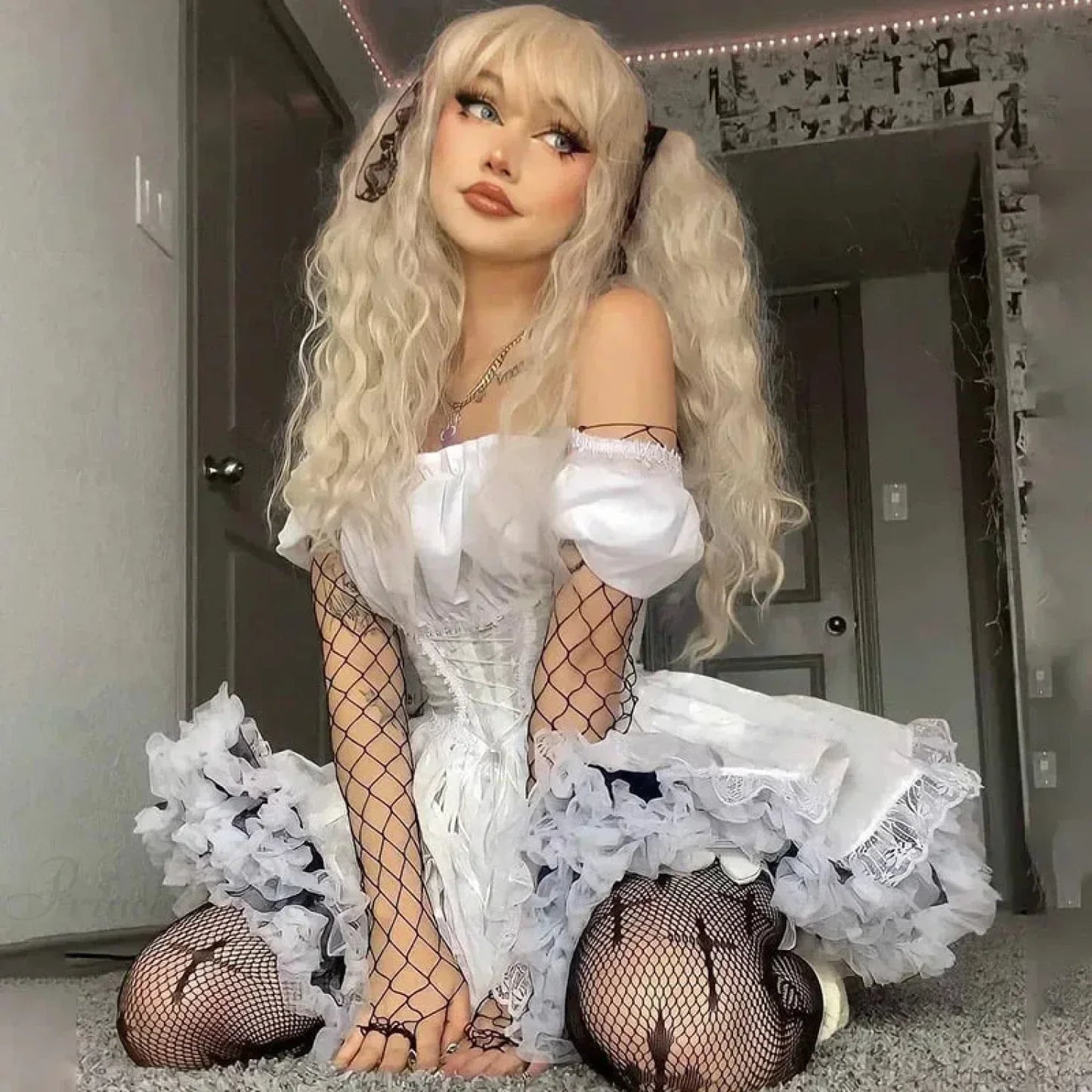 Square Neck Puff Sleeve Corset Lace-Up Floral Lace Trim Gothic Mini Dress
