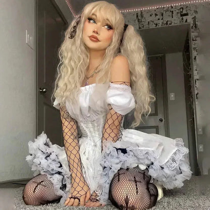 Square Neck Puff Sleeve Corset Lace-Up Floral Lace Trim Gothic Mini Dress